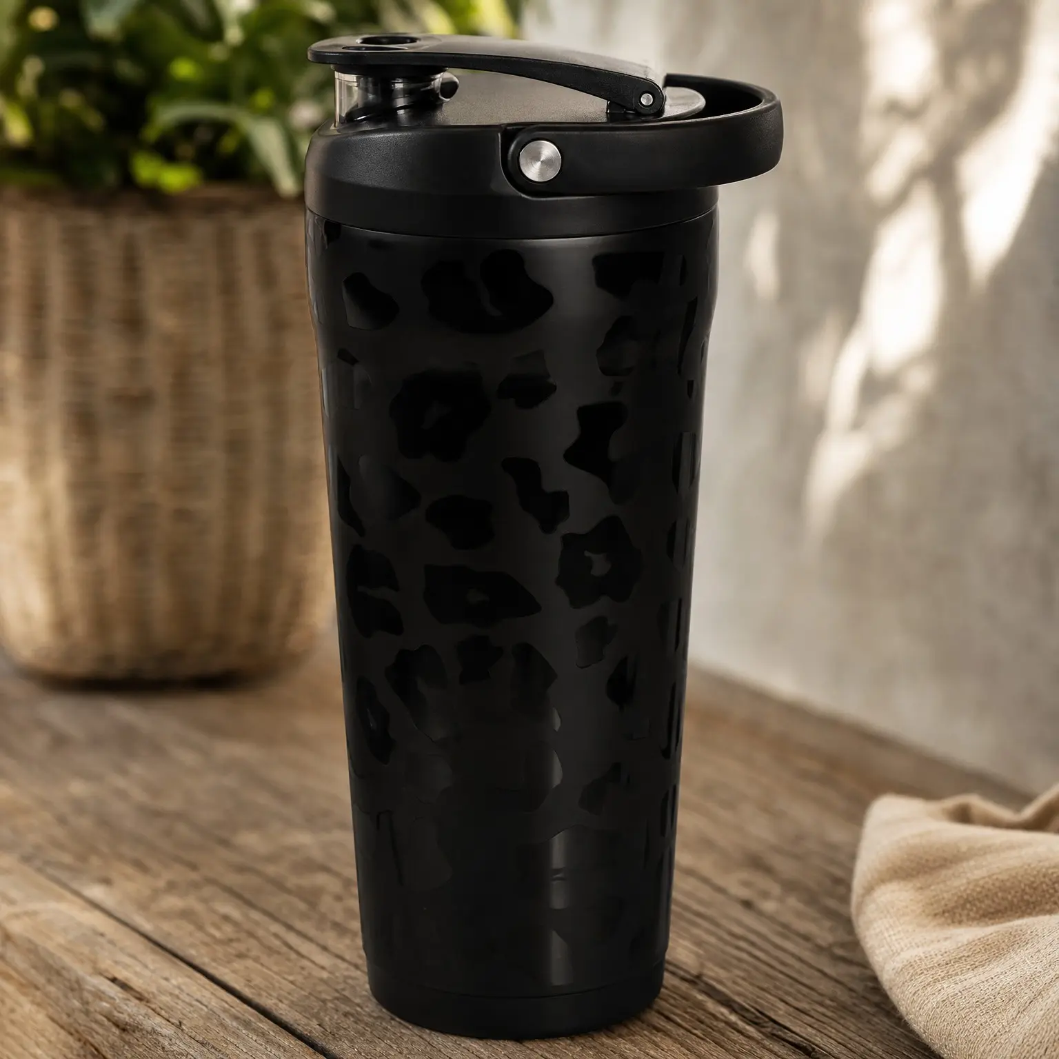 Insulated Protein Shaker Bottle 24oz with Silent Mixing - Black Leopard