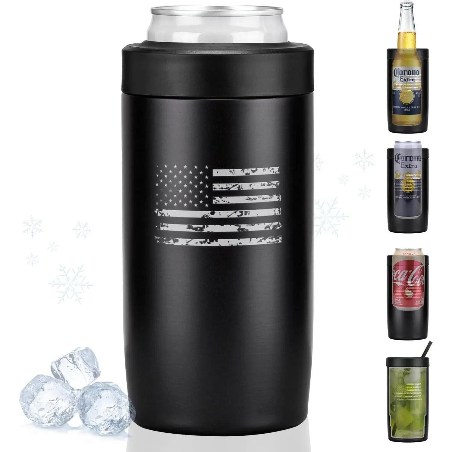 4-in-1 Slim Can Cooler Easy to Hold Insulated Beer Can Holder Double-walled Stainless Steel for All 12 Oz Cans Black America Flag