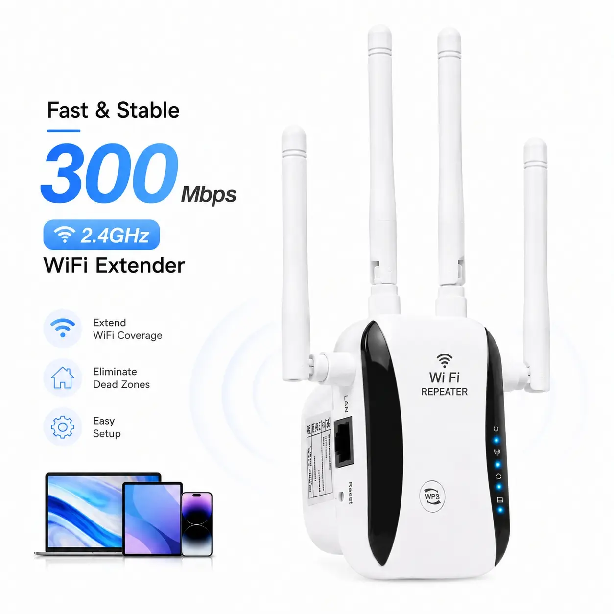 WiFi Extender Signal Booster, 300Mbps 2.4GHz WiFi Repeater, Fix WiFi Dead Zones with 4 High Gain Antennas, Extend Wireless Coverage Up to 5000 Sq.Ft, Supports 40+ Devices, Ethernet Port for Whole Home Internet
