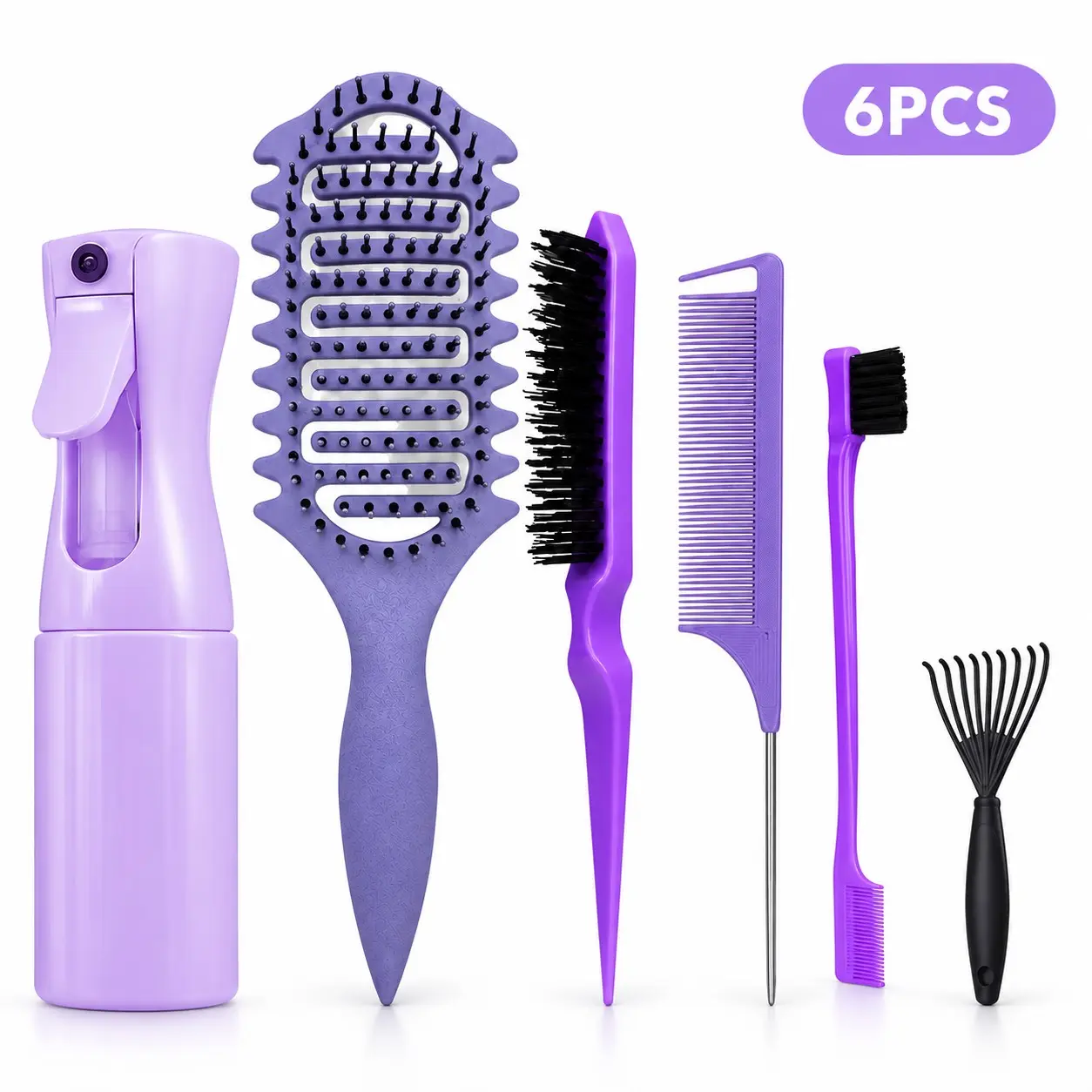 6PCS Hair Styling Kit for Curly & Natural Hair, Continuous Spray Bottle, Scalp Massage Brush, Detangling Brush, Edge Control Brush, Parting Comb and Hair Cleaning Claw Set for Curls, Coils, Braids, Sleek Styles and Daily Hair Care, Hair Detangler