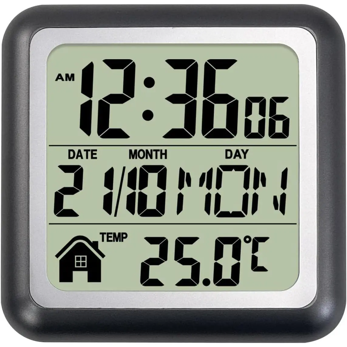 Digital Bathroom Shower Kitchen Wall Clock Time, Waterproof for Water Spray Screen Temperature Timer, Suction Cup Hanging Hole Stand - Black