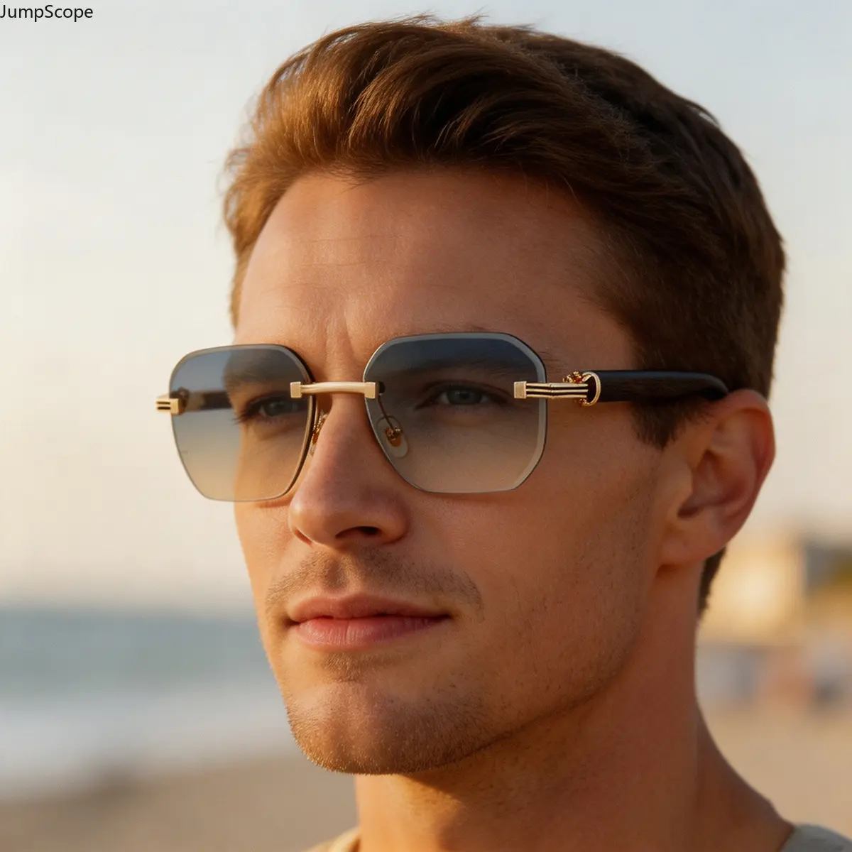 Men's Luxury Minimalist Frameless Wood Temple Frames Sunglasses - Premium Sports Eyewear for Daily City Commute, Highway Driving - Ideal Birthday Anniversary Gift