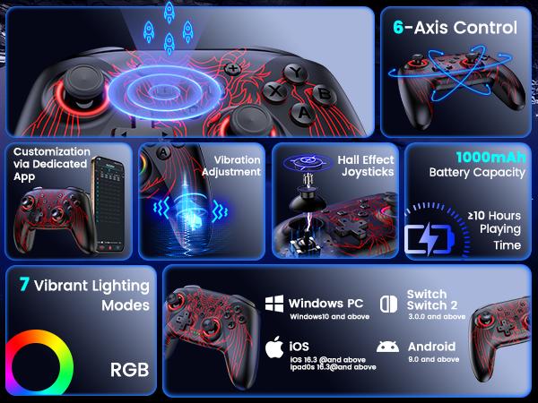 Wireless PC Controller, 1000Hz Polling Rate, Hall Effect Joysticks & Triggers, Controller for PC/Switch 2/Switch/Android/IOS, 1000mAh Battery, with 7 Light Modes/Paddle/Turbo/Motion/Charging Dock