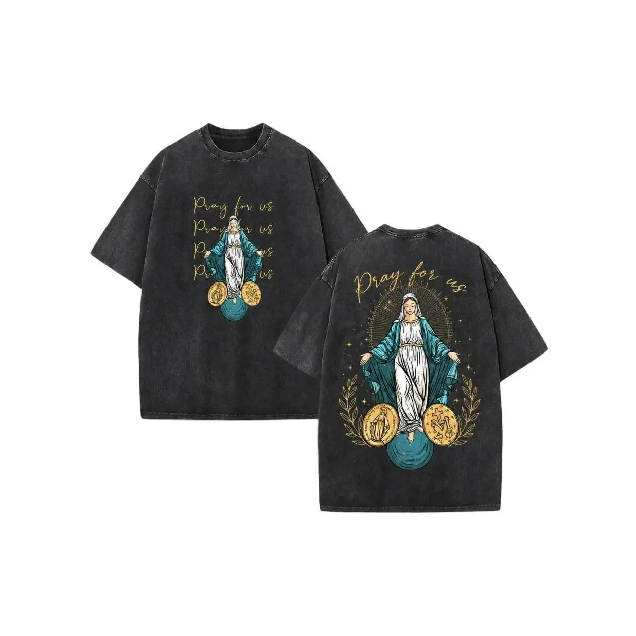 Men's Oversized Catholic Devotional Cotton T-Shirt - Unisex Round Neck Short-Sleeve Religious Theme Top, Miraculous Medal Virgin Mary Radiant Halo Vintage Illustration, Double-Sided Print Washed Black, Repeating Phrase, All Seasons Casual Wear, Tops, Mens