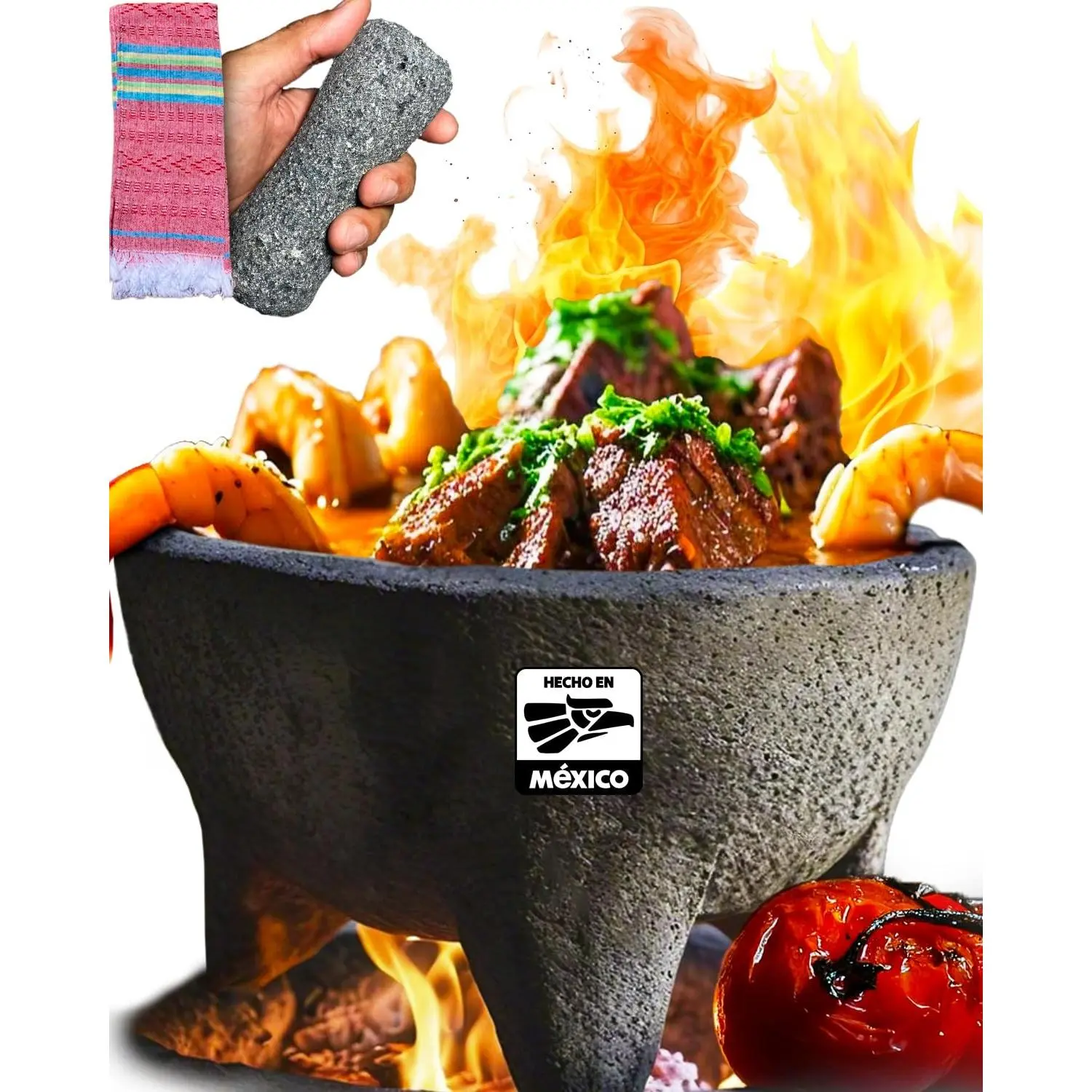 Authentic Molcajete Mexicano Made of Volcanic Rock | 3 Pcs Set (1 Mortar + 1 Pestle + 1 MexTowel) High-Heat Resistant, Mexican Mortar and Pestle Set, Guacamole Bowl and Masher
