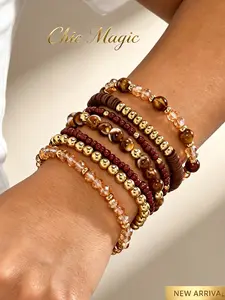 7Pcs Bohemian Earthy Vacation Style, Casual Ethnic Pattern Polymer Bead Jewelry, Perfect for Daily Wear