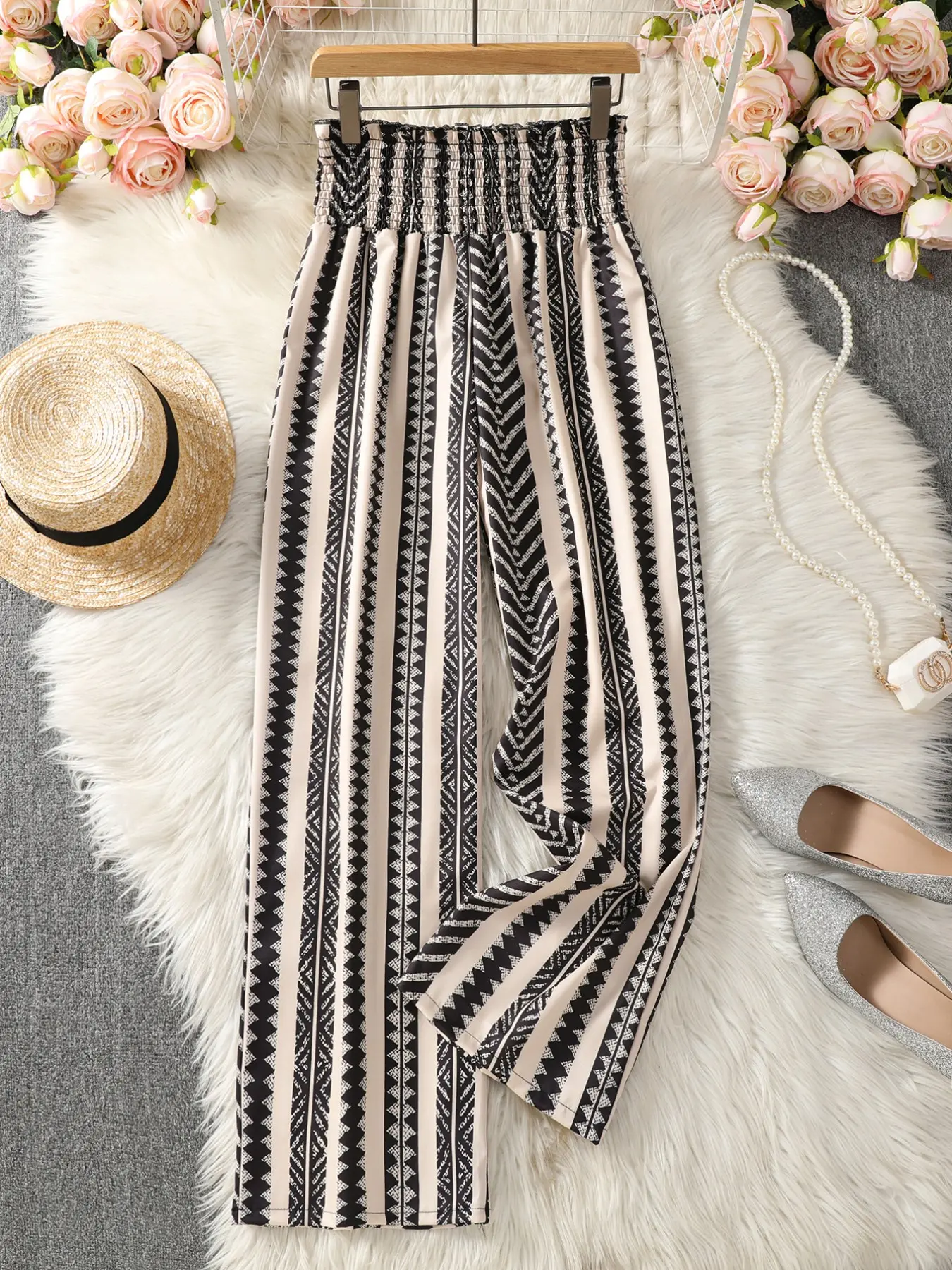 875# Striped Print Elastic Waist Casual Pants, Comfortable and Stylish, Perfect for Daily Wear, Versatile and Trendy Design