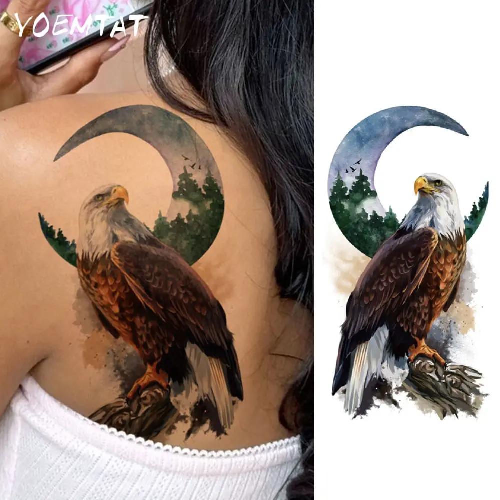 Watercolor Bald Eagle Crescent Moon Forest Waterproof Temporary Tattoo Sticker Nature Wildlife Eagle On Branch Body Art Back Thigh Arm Shoulder Fake Tattoos Sleeve For Women Men Aldults Ideal Gift For Outdoor Lovers Eagle Enthusiasts