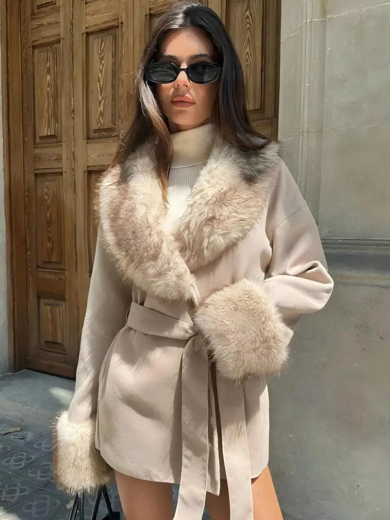 Women's Suede Fur Patchwork Coat, Autumn Winter Large Collar Belted Waistcoat, Loose Warm Faux Fur Top Nk-Wry-23631