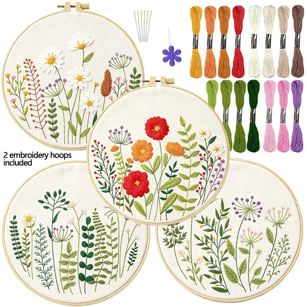 4-Piece Floral Embroidery Kit for Beginners, Includes 2 Hoops, Plenty of Thread, English Instructions, Perfect for Sewing Enthusiasts