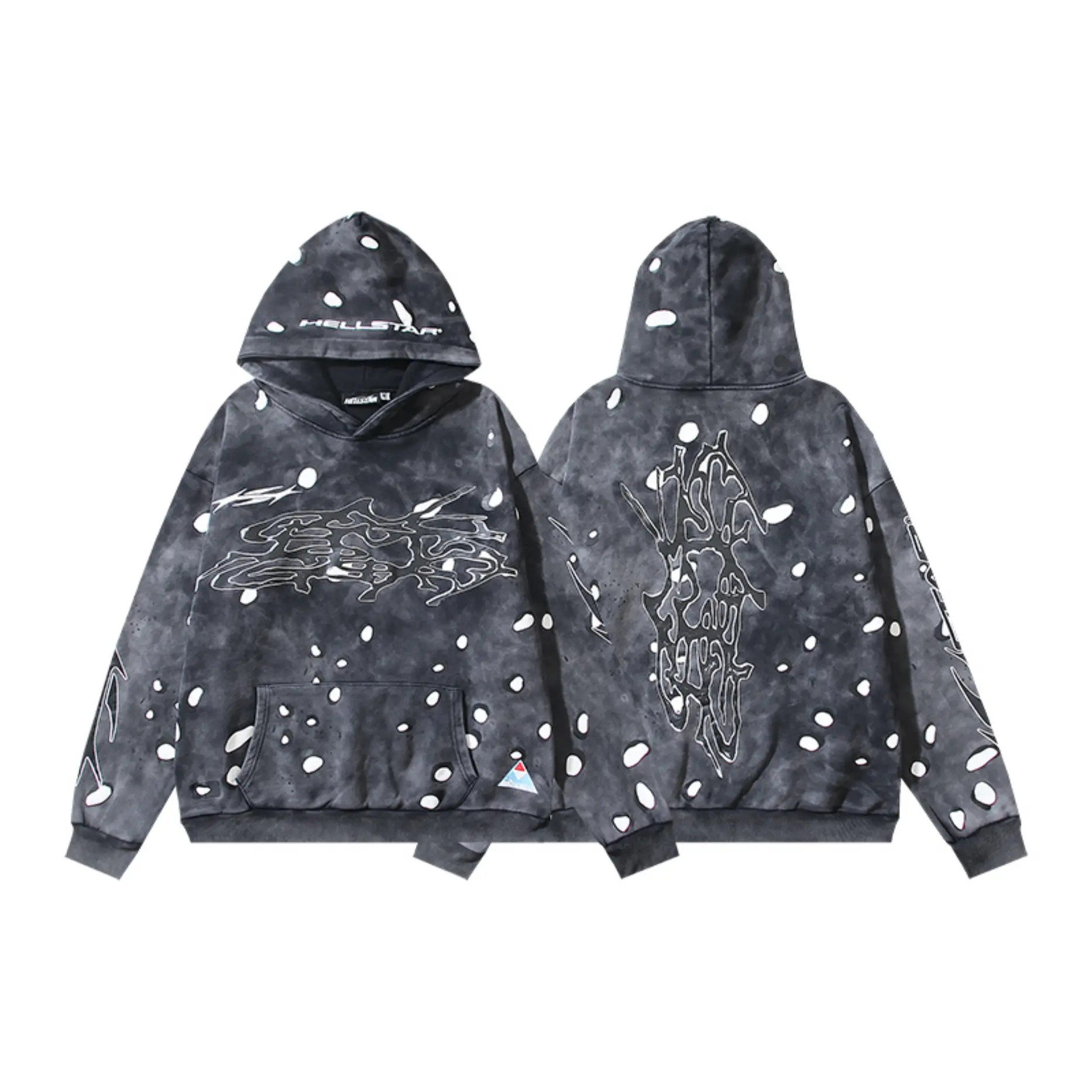 Hellstar Washed Black Hoodie Men Women Vintage Streetwear Oversized Pullover Hoodie Graphic Print Heavyweight Cotton Sweatshirt Y2K Hip Hop Casual Hooded Jacket Gothic Fashion