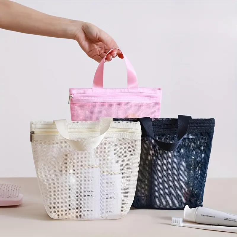 3-Piece Mesh Shower Caddy Tote Bags, Portable Quick-Dry Bathroom Organizer Pouch with Zipper, Hollow-Out Toiletry Handbag for Travel, Gym, Swimming & Beach