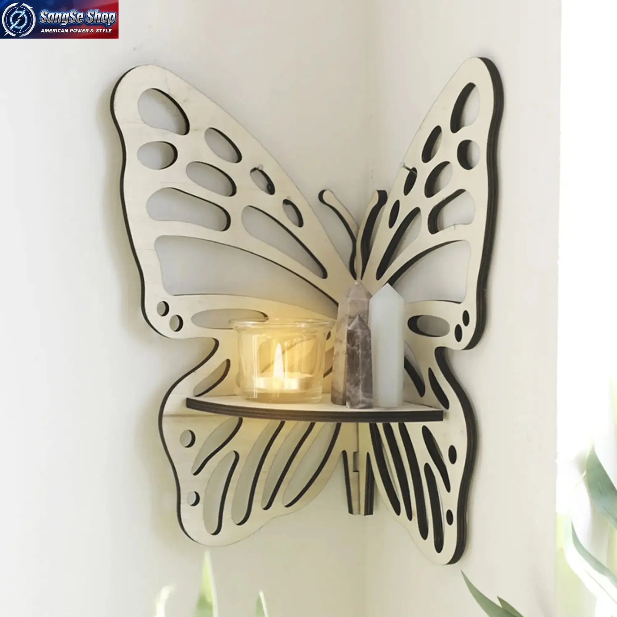 Wooden Butterfly Hollow Crystal Floating Shelf, Space-Saving Wall Mounted Storage Organizer, Decorative Display Shelf for Living Room, Bedroom & Home Decor, Minimalist Wall Shelf for Sports Gear, Outdoor Accessories, Collectibles & Daily Storage