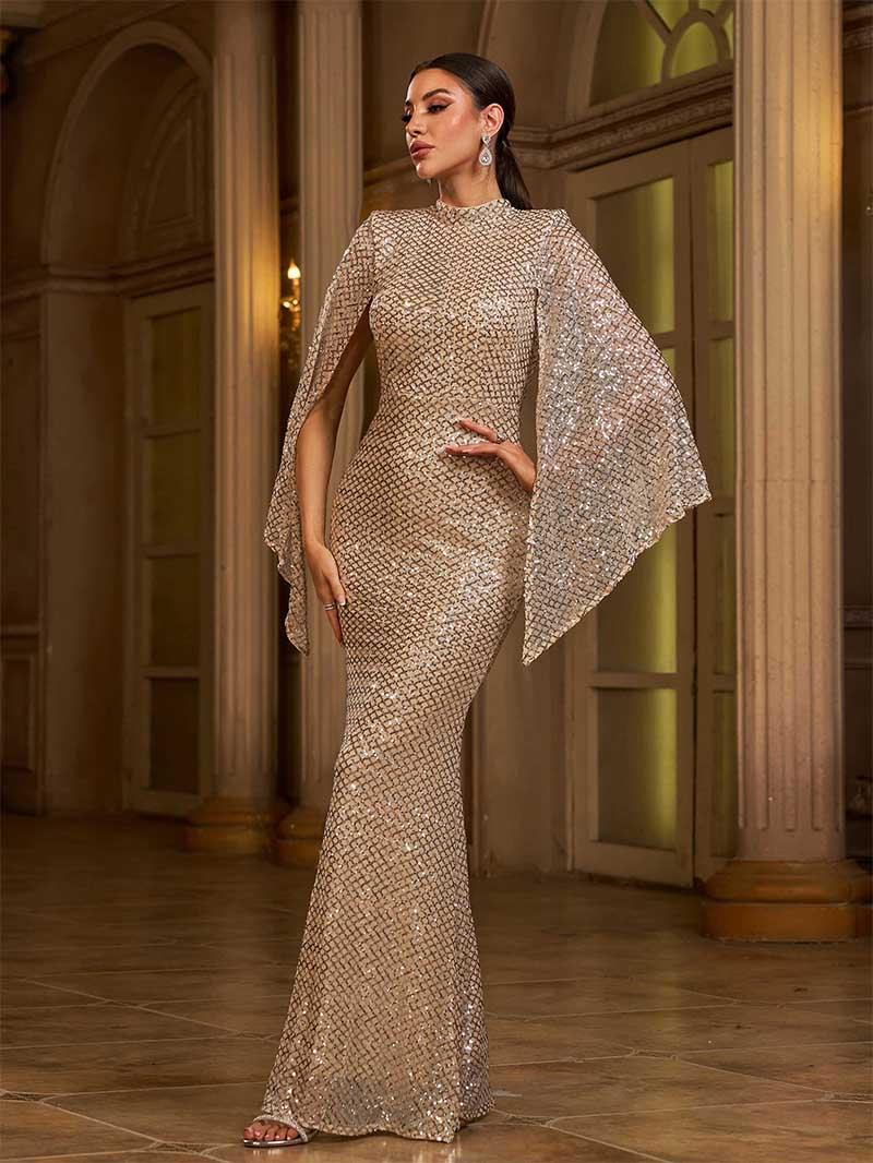 Long Sleeve Elegant Round Neck Sexy Long Sequin Evening Dress Bridesmaid Dress for Women Womenswear Glitz
