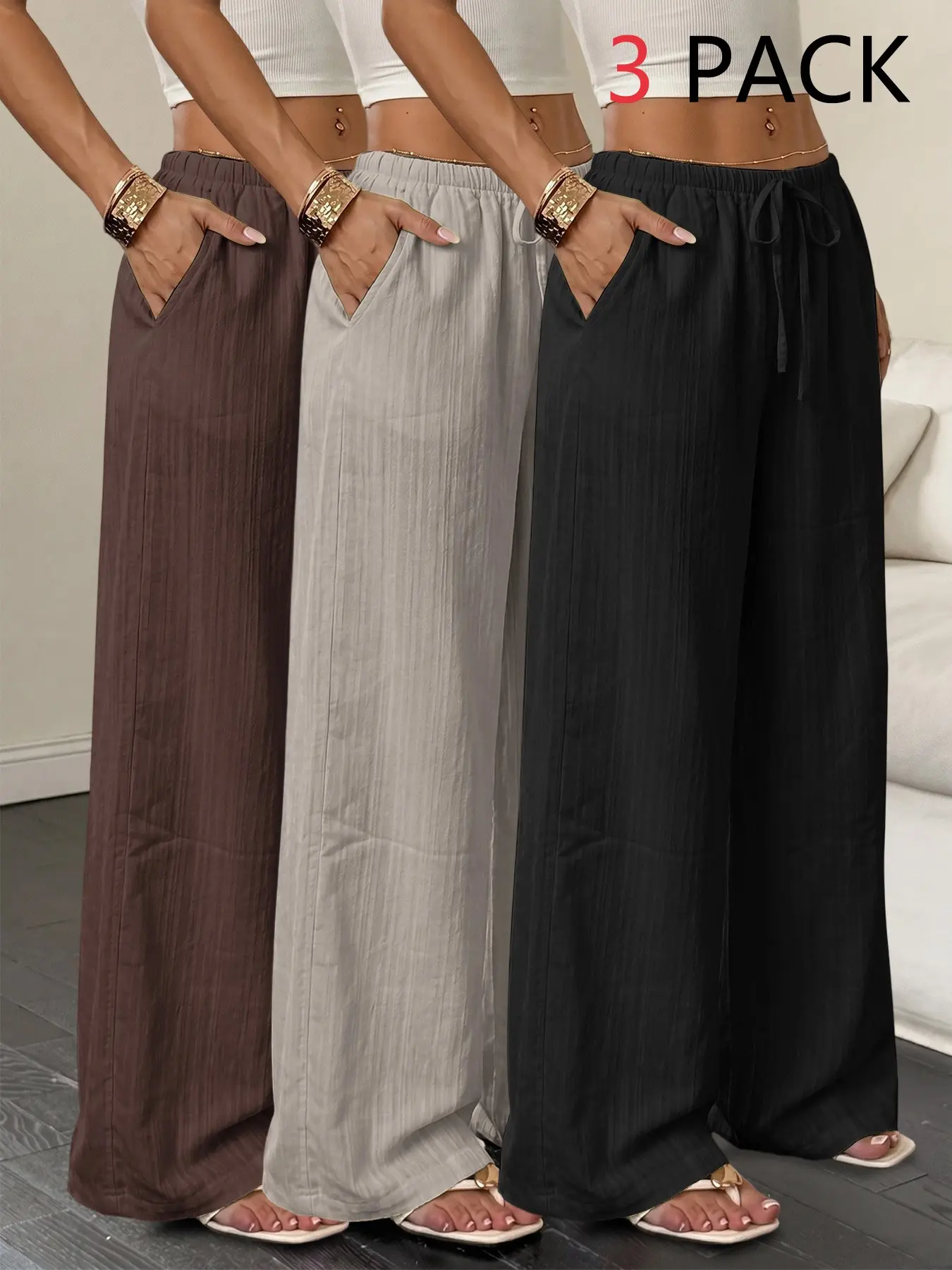 Womens Palazzo Pants Summer Fashion Casual 2026 High Waisted Wide Leg Drawstring Flowy Beach Trousers with Pockets