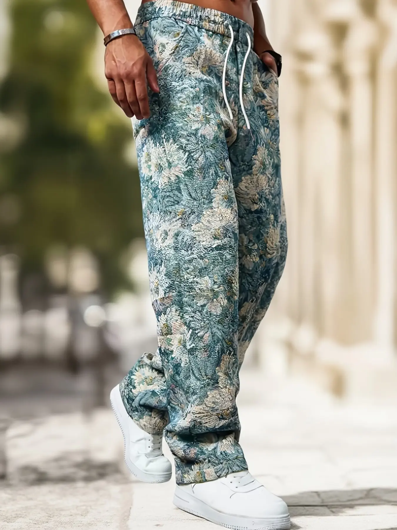 Men's Straight Leg Long Pants, Fashion Street Style, Creative Tree Flower Oil Painting Pattern, Versatile Casual Sweatpants