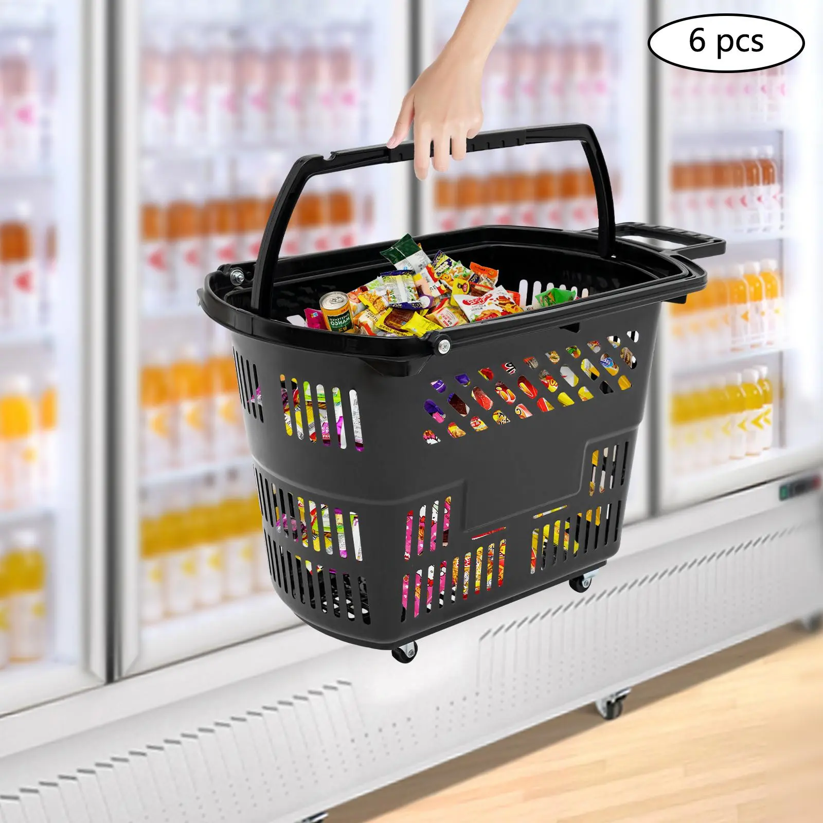 6PCS Trolley Rolling Plastic Basket Set - 35 Litre Portable Shopping Basket with 4 Wheels and Handle for Supermarkets, Retail Stores, Bookstores (Black)