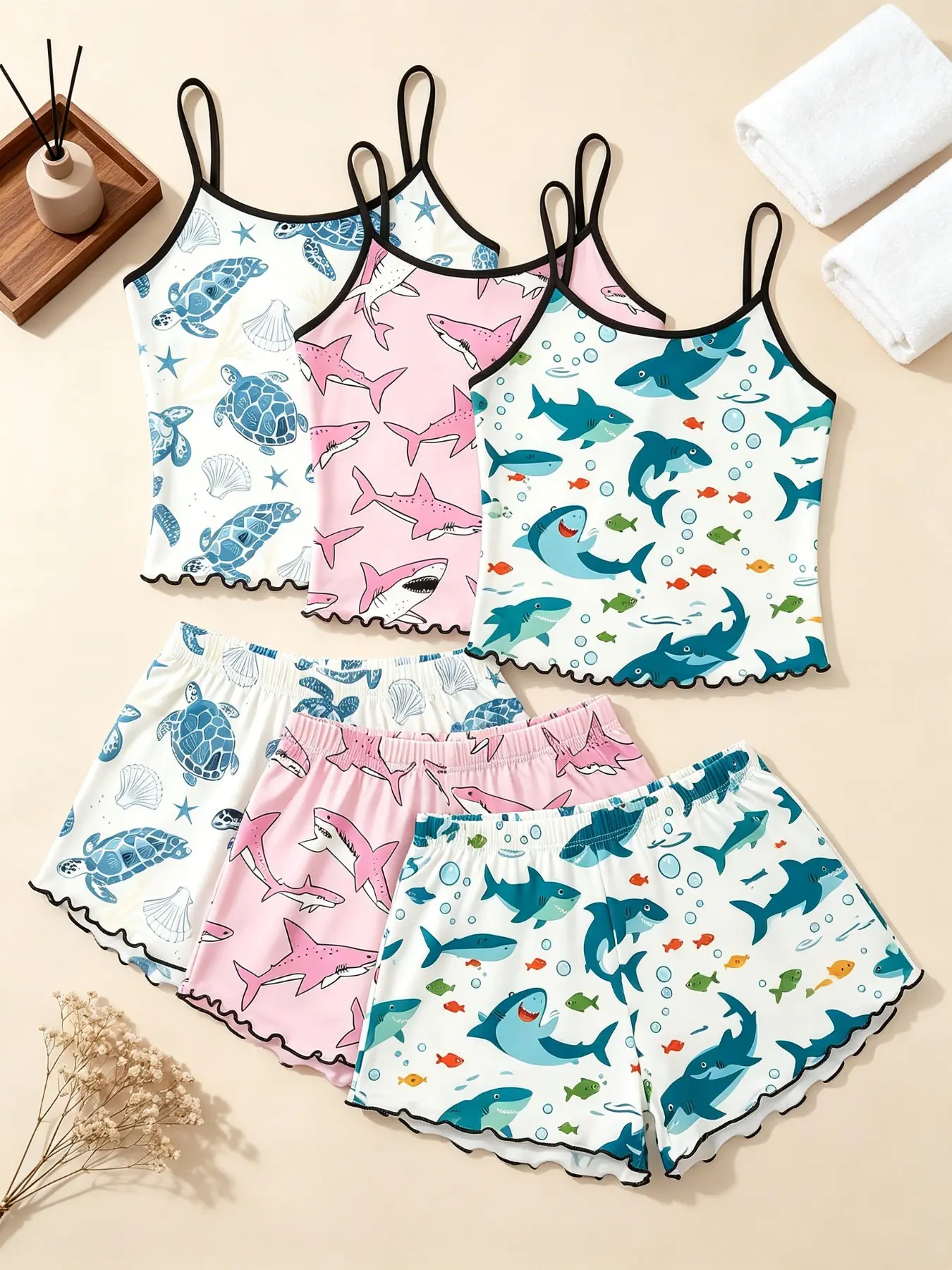 Women's Sleepwear, Lingerie Nightwear, 3 Piece Set Beachy Coastal Aesthetic Shark Sea Turtle Print Summer Nautical Style Spaghetti Strap Lettuce Ruffle Hem Contrast Trim Silky Soft Breathable Lightweight Cami Short Pant Set Home Sleepover Lounge Wear