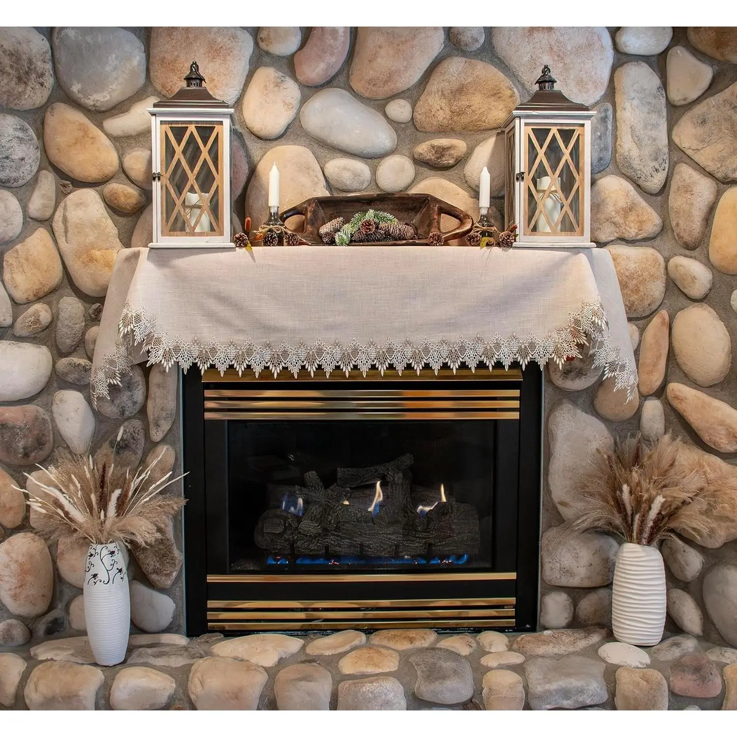 Neutral Earth Tones Lace Fireplace Mantel Scarf Large Window Treatment (19Wx90L)