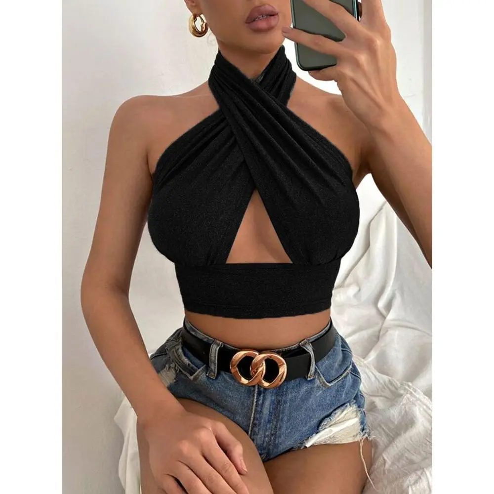 Lady's Solid Color Backless Halter Crop Top - Hollow Out Cross-Strap Sleeveless Tank Clothes with Breathable Fabric for Summer Casual, Beach, Streetwear (Sports & Outdoor Sport Bras Category)