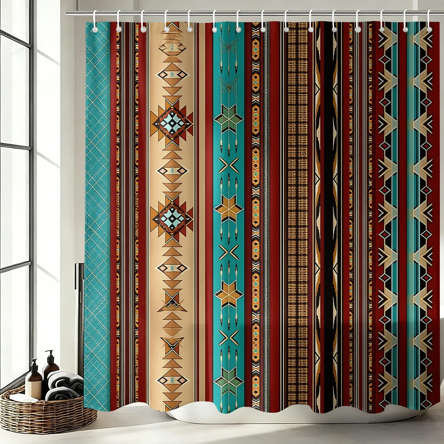 1PC Boho Southwest Aztec Tribal Shower Curtain Set, Waterproof Cloth Fabric Wall Bathtub Curtain 72"x72" with 12 Hooks, Turquoise Western Geometric Cabin Bathroom Decor Accessories