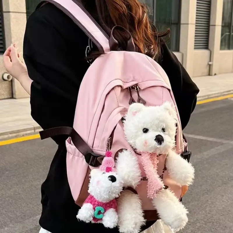 Cute Macaron Color Block Backpack, Detachable Plush Bear Toy, Sweet Girl Student Bag, Lightweight Nylon Travel Backpack, High-Style Daily Commuter Bag, Casual Backpack