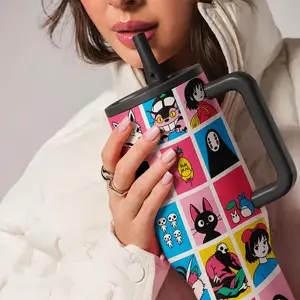 1pcs 40oz Hayao Miyazaki Anime Tumbler, Color Block Grid Design, Leakproof Thermal Cup, Unique Gift for Anime Lovers, Office & Driving Use