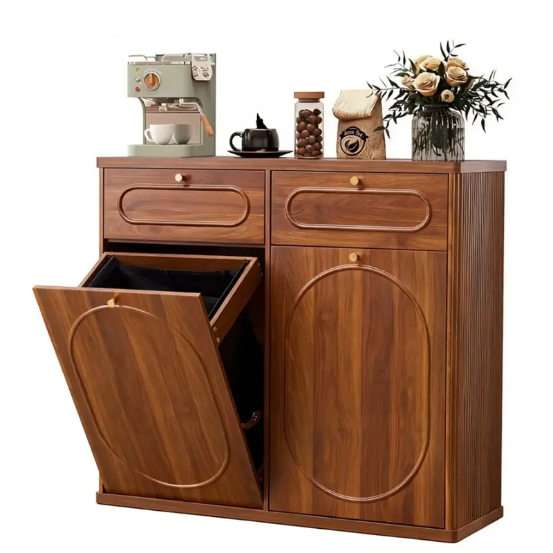 Tilt Out Trash Can Cabinet, Wood Kitchen Garbage Bin with Drawer, Fluted 10 Gallon Laundry Hamper Cabinet, Farmhouse Hidden Trash Can for Kitchen, Living Room