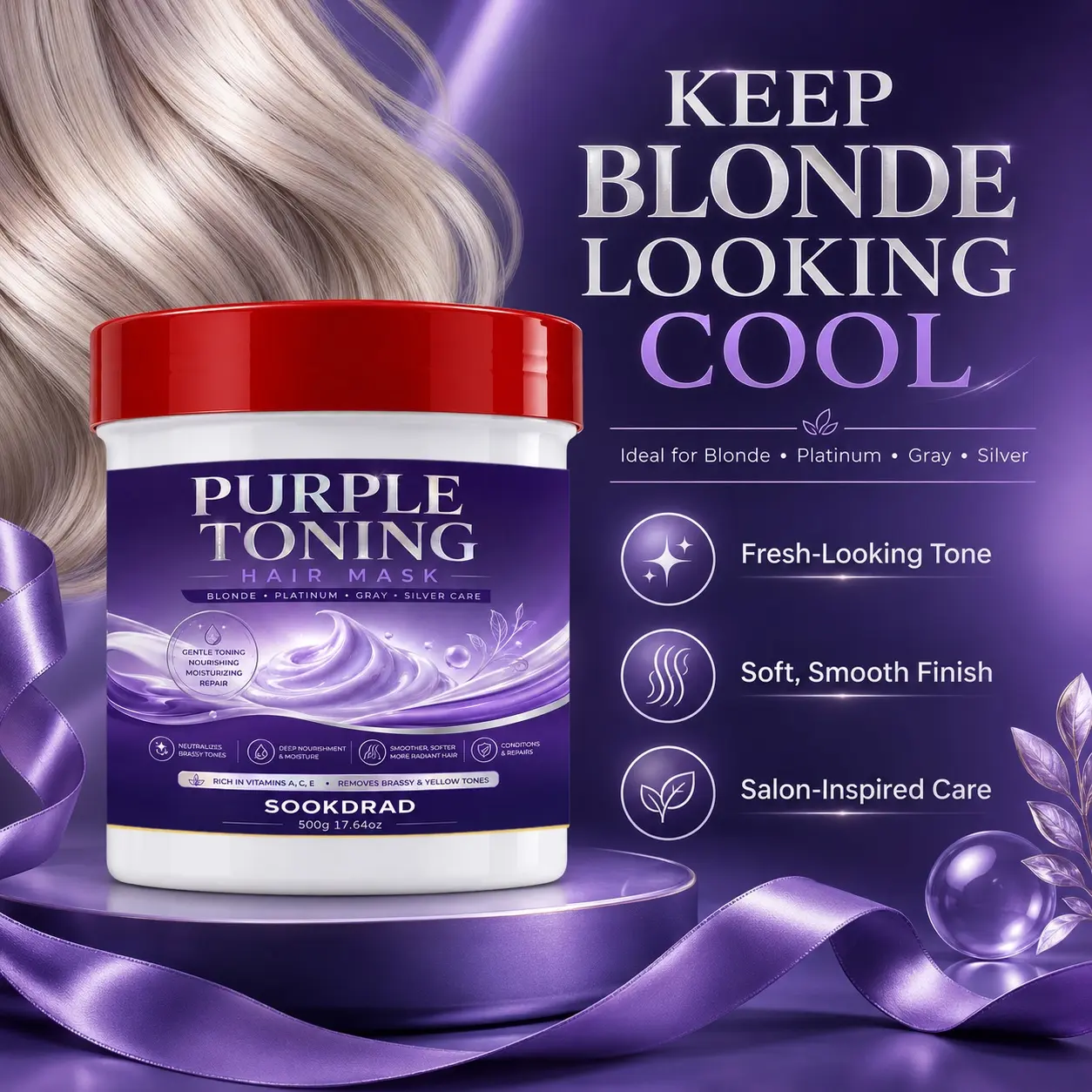 Purple Toning Hair Mask, Contains Vitamins A, C, E, neutralizes brassy tones, removes yellow tones, gentle toning, nourishing, moisturizing, repairing, deep nourishment, smoother hair, softer hair,