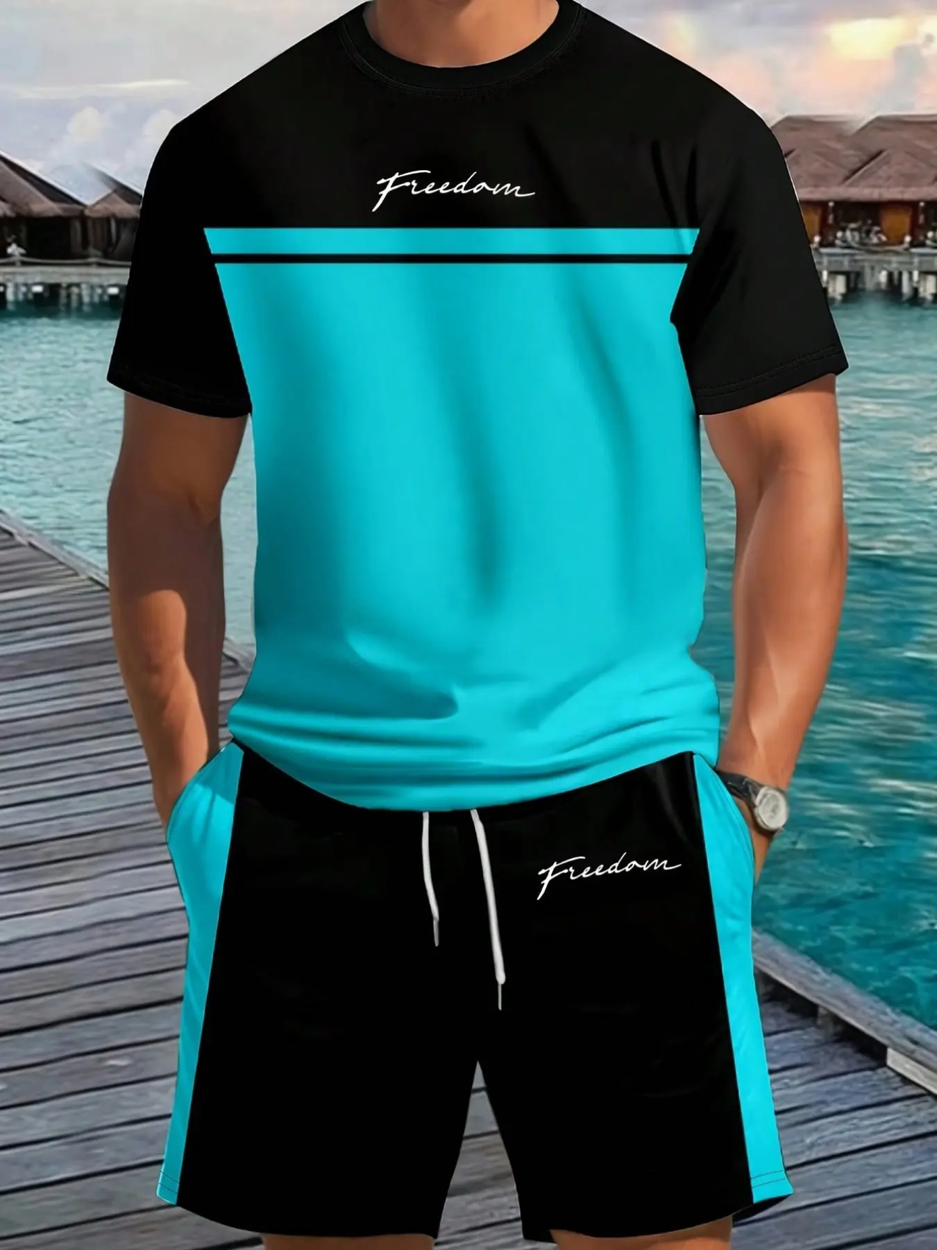 Summer casual suit, two-piece top set with contrasting color splicing, street trendy men's clothing, daily vacation outfit