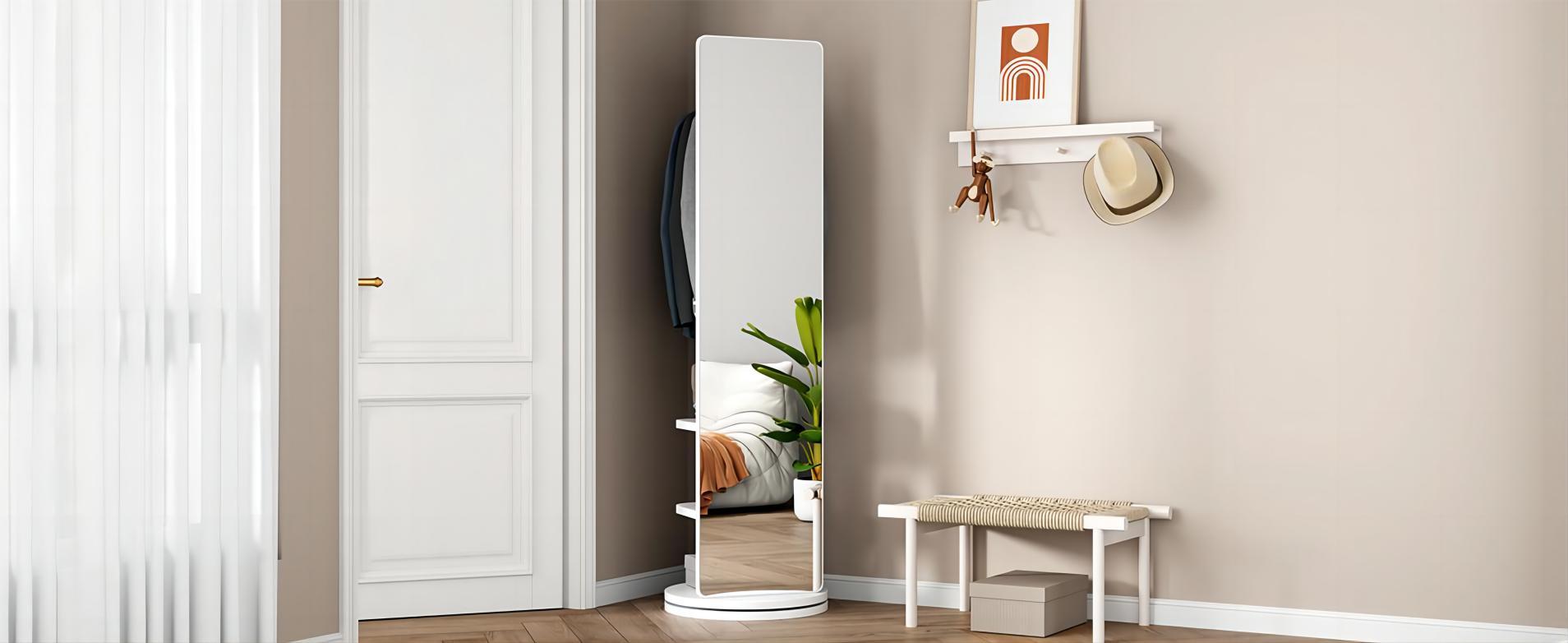 360° Rotating 66"x17.8" Multifunctional Full Length Mirror with Hook Storage Rack Coat Rack with Mirror Solid Wood Floor Mirror Bedroom Living Room Cloakroom Space Saving