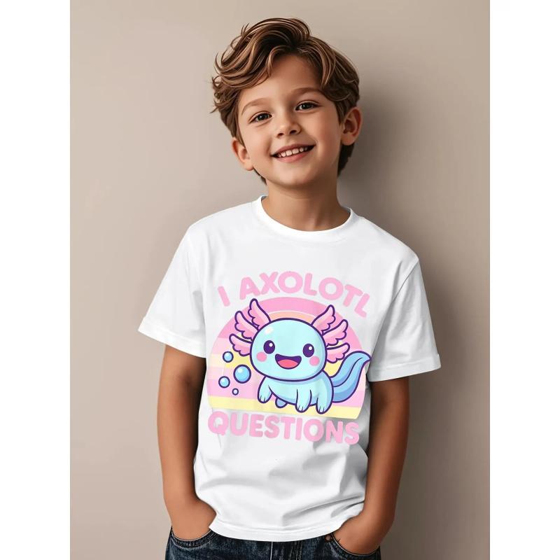 Girls' Funny Cute Axolotl Graphic T-Shirt - "I Axolotl Questions" Slogan with Pink Lettering & Mexican Walking Fish Design, Soft Round Neck Short Sleeve Casual Summer Top for Casual Attire, Playdates & Themed Events - Breathable Comfortable 'pparel