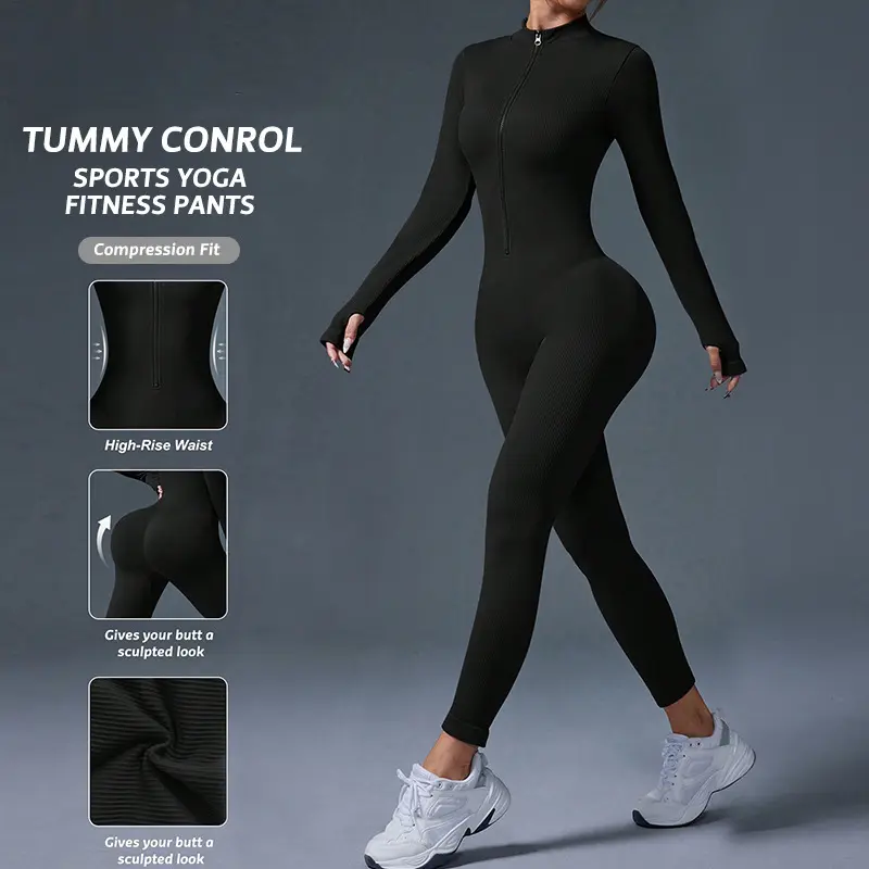 Women's 2026 Fall Winter Seamless Compression Yoga Jumpsuit - Zip Mock Neck, Long Sleeve with Thumb Holes, Tummy Control, Butt Lifting Slim Fit Athletic Romper for Gym, Running