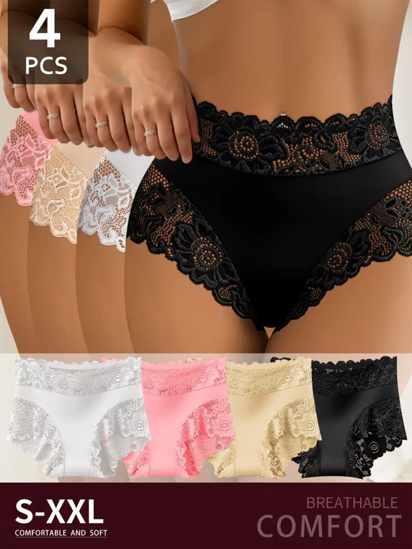 4 Pcs High-Waisted Floral Lace Trim Triangle Underwear, Breathable Soft Stretch, Multi-Color Daily Wear, Home & Commute
