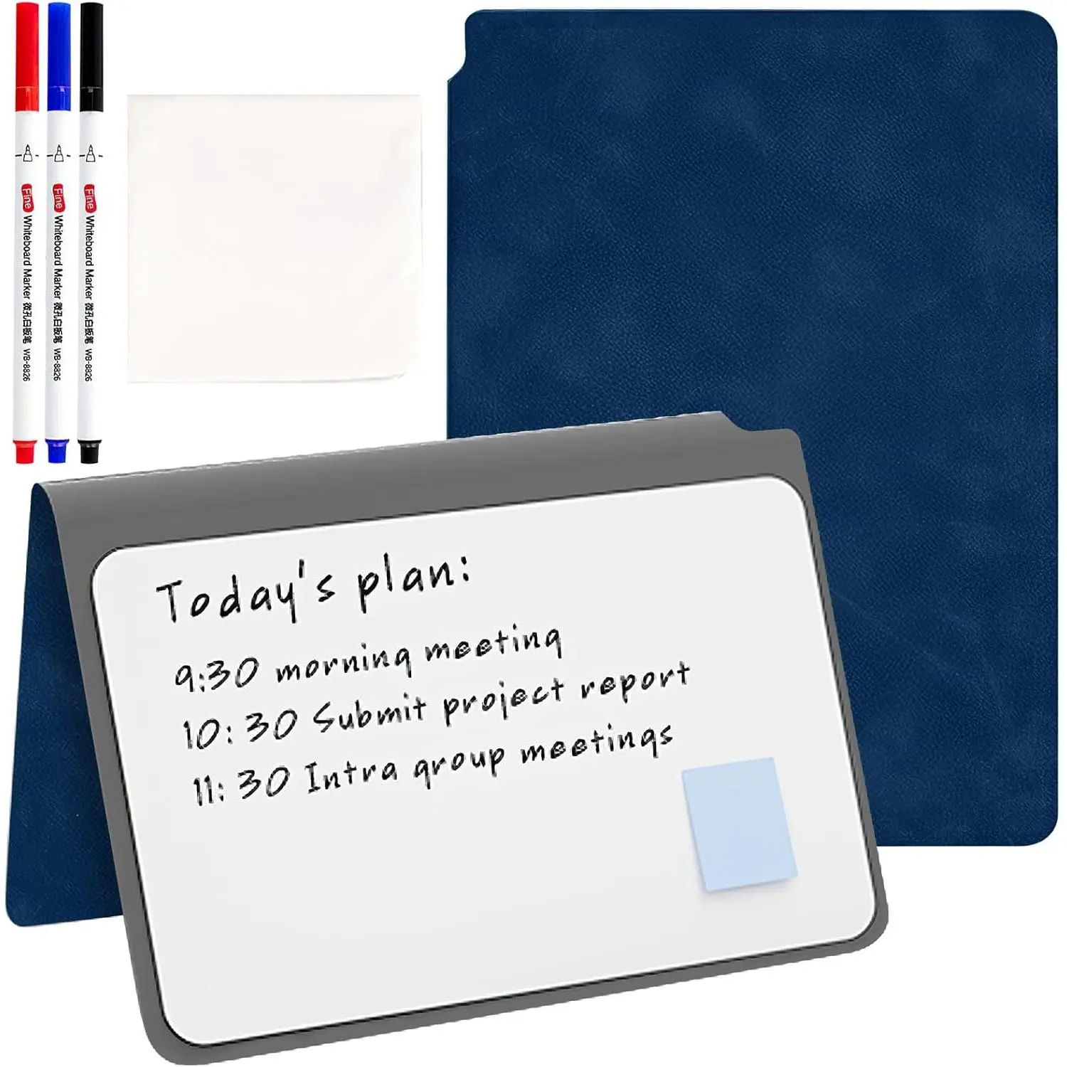 Whiteboard Notebook, Portable Dry Erase Board Fineliner Pens, PU Cover Erasable Handheld White Board  Drawing Notebook Easel Pad for Meeting Business Office School (Navy Blue)