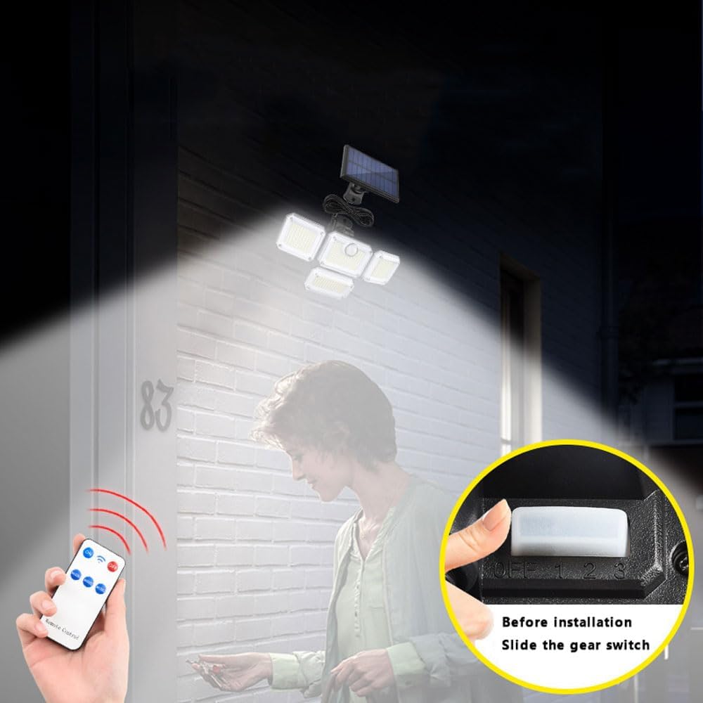 Solar Powered Outdoor Light, 4-head LED Motion Sensor Light with Remote Control, Waterproof Security Light for Front Door, Yard, Garage