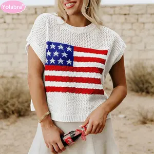 Yolabra American Flag Open Knit Sleeveless Sweater Vest Star Stripe Relaxed Soft Light Breathable Knit Fabric Summer Top Casual Street Holiday Trendy Patriotic Ladies Knit Top