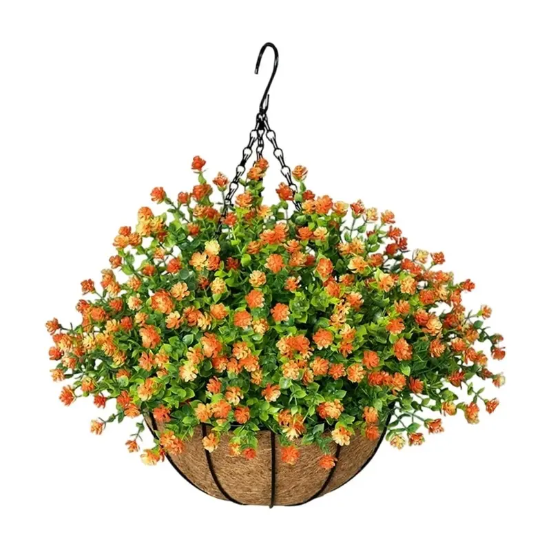 Hanging Basket with Orange Camellia & Eucalyptus - Fade Resistant UV-Protected Artificial Silk Flowers with Coco Liner for Summer to Fall Outdoor Porch, Patio & Garden Decor, No Watering, All-Weather