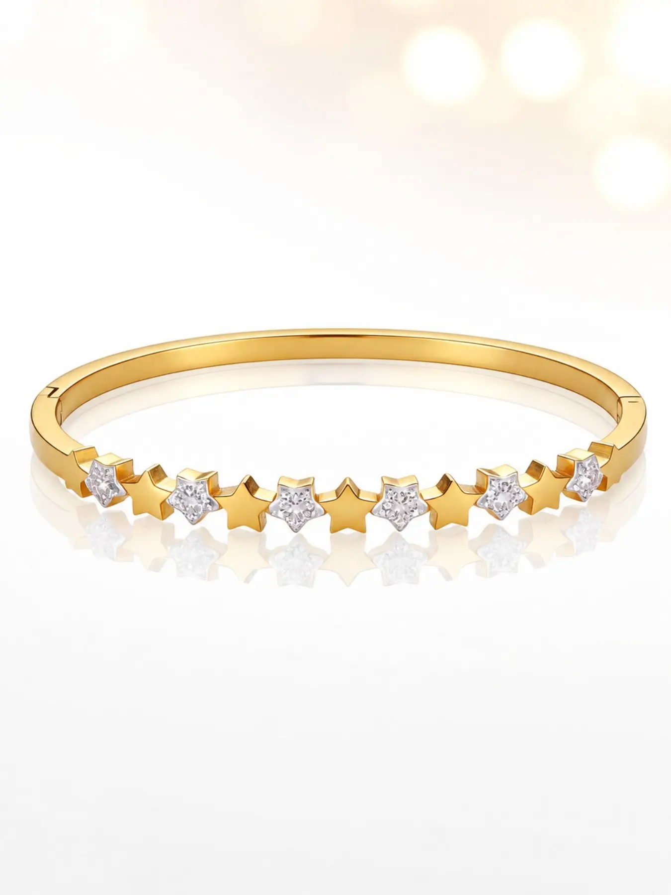Dainty 18k Star Bangle Bracelet for Women, Stainless Steel Two-Tone Cubic Zirconia, Hypoallergenic Minimalist Jewelry Gift