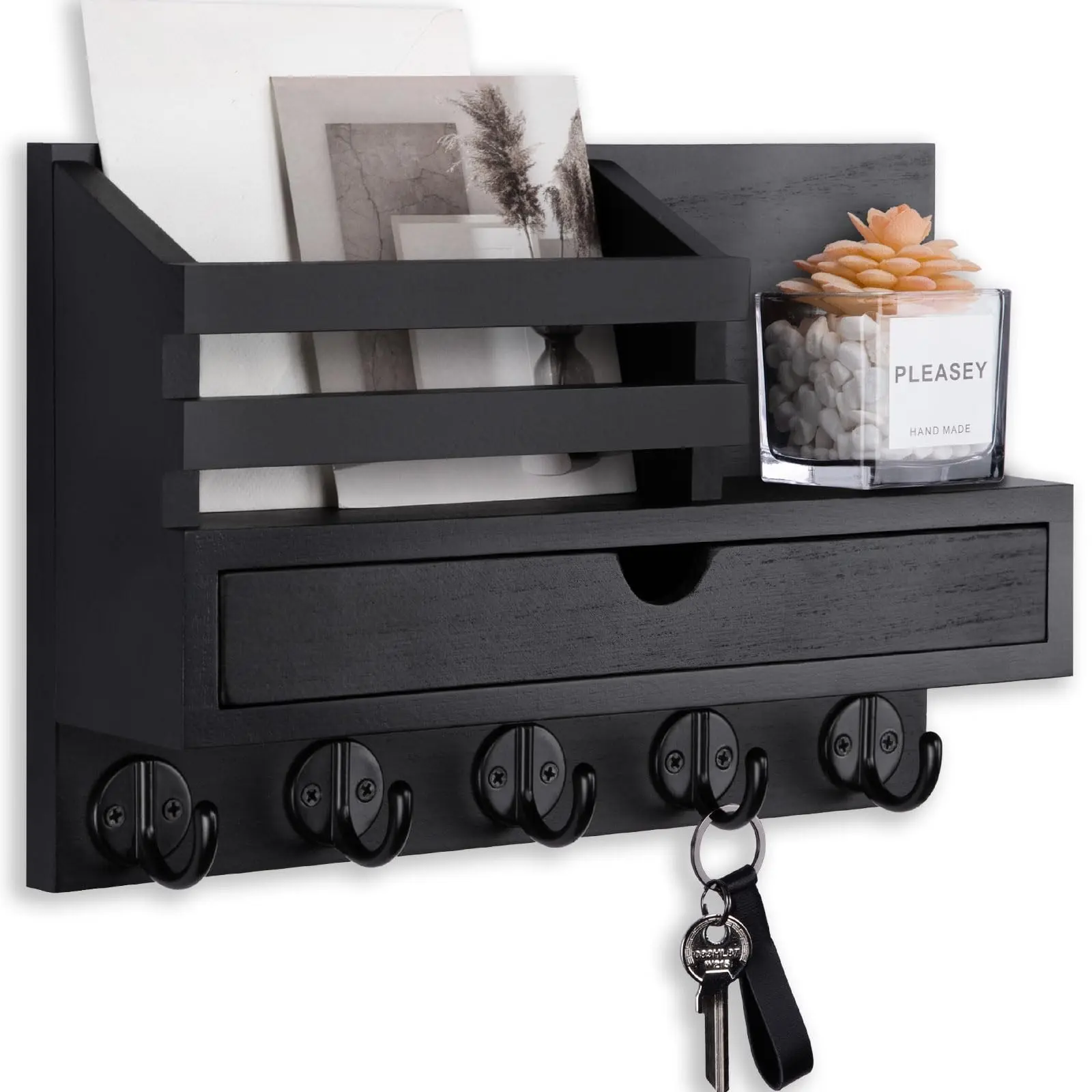 Wall-Mounted Key Rack with Letter Organizer, Storage Drawer & 5 Hooks, Ideal for Coats & Leashes, Home Decor & Entryway Storage Solution, Key Hanger Wall Mount