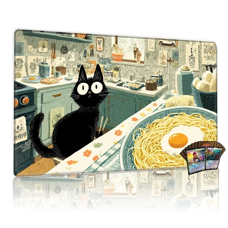 Whimsical Jiji Cat Kitchen Scene MTG Playmat - 12x24in Non-Slip, Perfect for TCG Card Games, Ideal for Family Gatherings & Great Gift