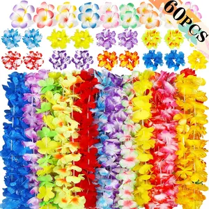 60PCS Hawaiian Luau Leis Party Decorations Birthday Supplies Set, Hawaii Tropical Flowers Necklaces Lei Bracelets Hair Clips Bulk Summer Beach Accessories Decor Favors