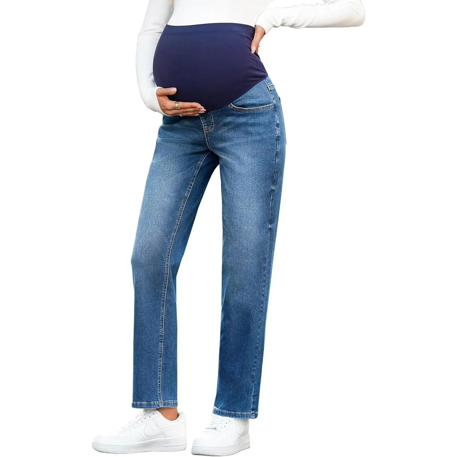 Women's Over The Belly Maternity Ankle Jeans Stretchy Denim Pregnancy Pants with Pockets