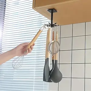1 Heavy Duty Kitchen Cutlery Rack Hook, Plastic Self-Adhesive Hook 360 Degree Rotation Folding Wall Hanger, 6 Claw Hook, Suitable for Home Kitchen, Bathroom, Office
