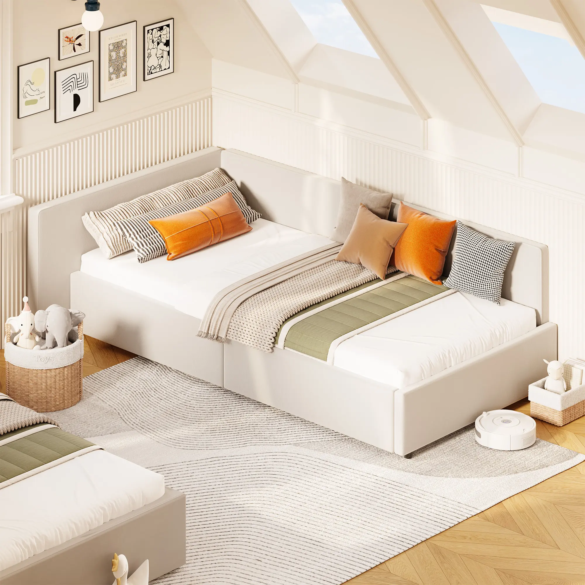 Twin Daybed with Extended Headboard – Corner Bed Frame with Bed Rails, Velvet Upholstered Sofa Bed with Guardrail for Small Bedroom, Guest Room, Apartment