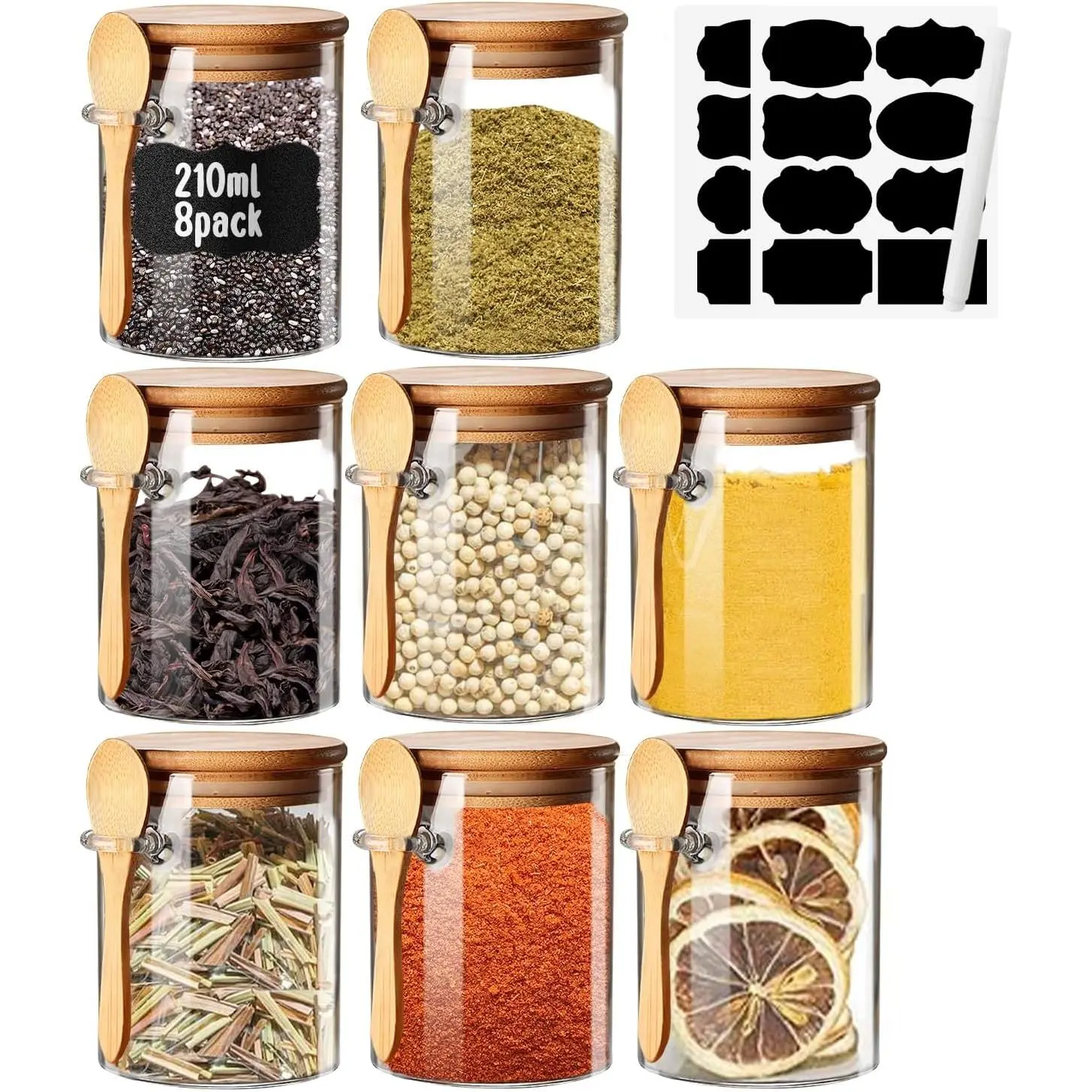 Jars with Label 7oz Glass Storage Containers with  and Spoon Small Glass Jars for Overnight Oats Cereal Containers Storage Meal Prep Jars for Sugar Yogurt  Pudding Salt Candy 8 count