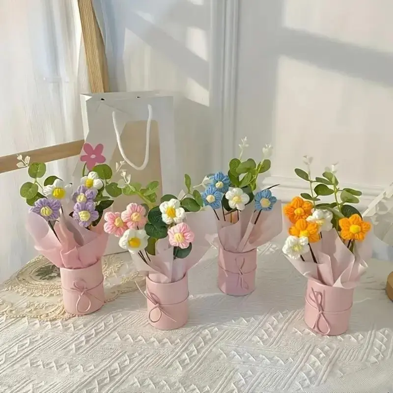 LuneMart Handcrafted Crochet Flower Bouquet - 1 Set with Gift Box, Vibrant Decorative Boutonniere, Fashion Wedding Accessories for Birthday Gifts, Decorative GF Present, Gf Gift