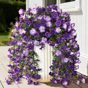 Artificial Fake Hanging Flowers Plants for Outdoor Spring Decoration,4 PCS Faux Silk Morning Glory with Eucalyptus Leaves,UV Resistant Realistic Outdoor Flowers for Balcony Porch Patio Yard Garden