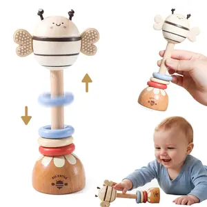 Wooden Animal Baby Rattle with Silicone Parts - Smooth Design for Children Development, Learning, Fine Motor Skills, Hand-Eye Coordination, Musical Enlightenment - Cute Styling Gift for Quality Time