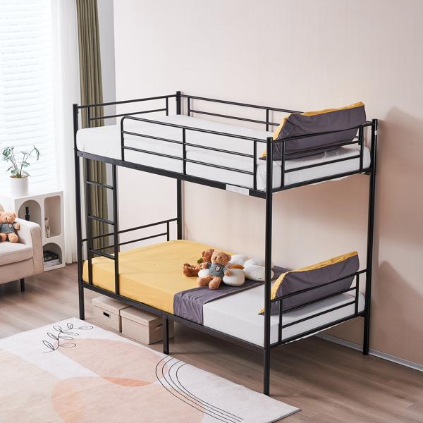 Iron Bed Bunk Bed with Ladder for All Ages Twin Size Black Bedroom Bedframe with 33.5cm Fence & 26.5cm Storage Space Modern Design